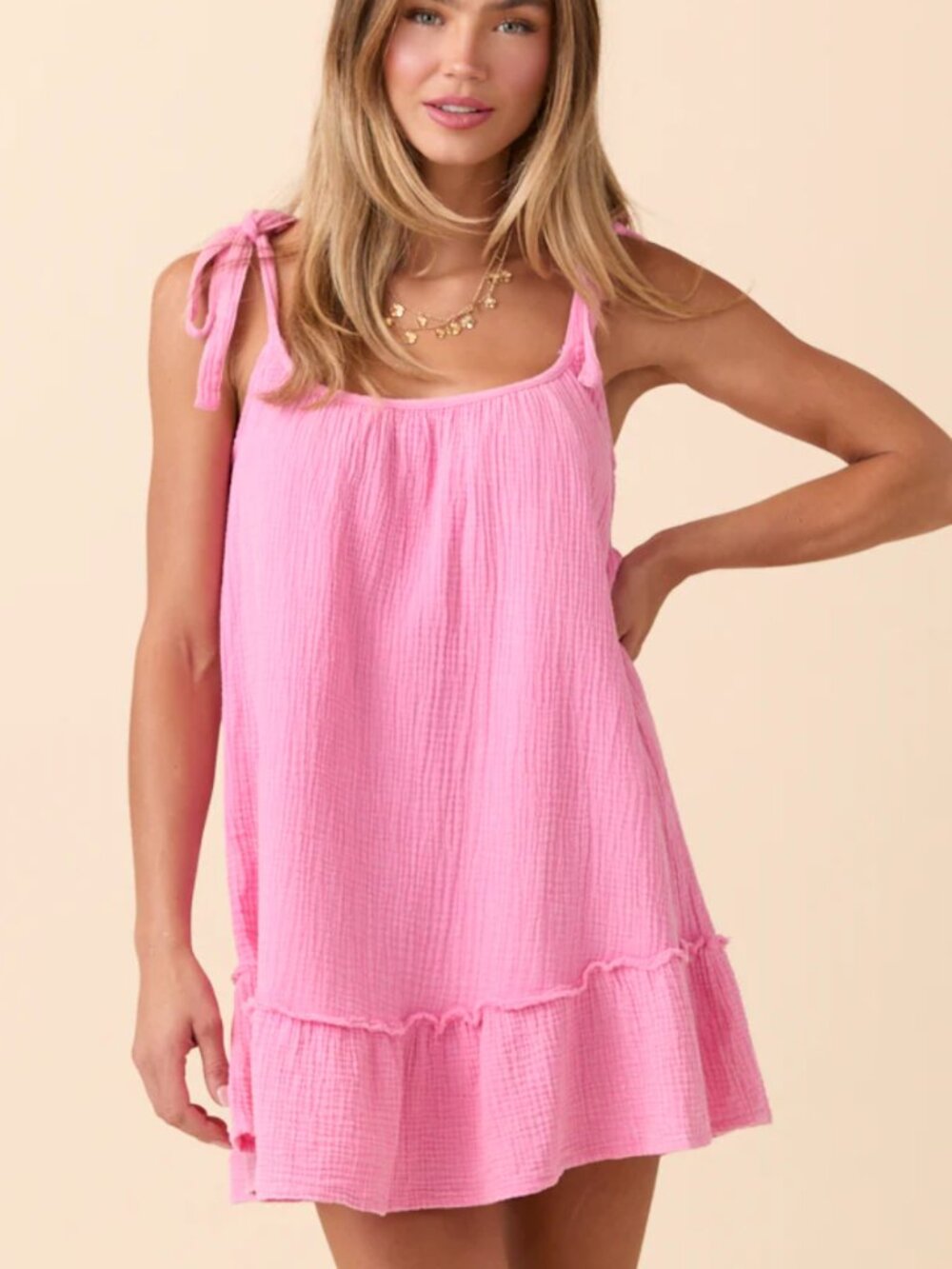 Pink Lily Cotton Pink Mini Dress Tie Straps Women's Large